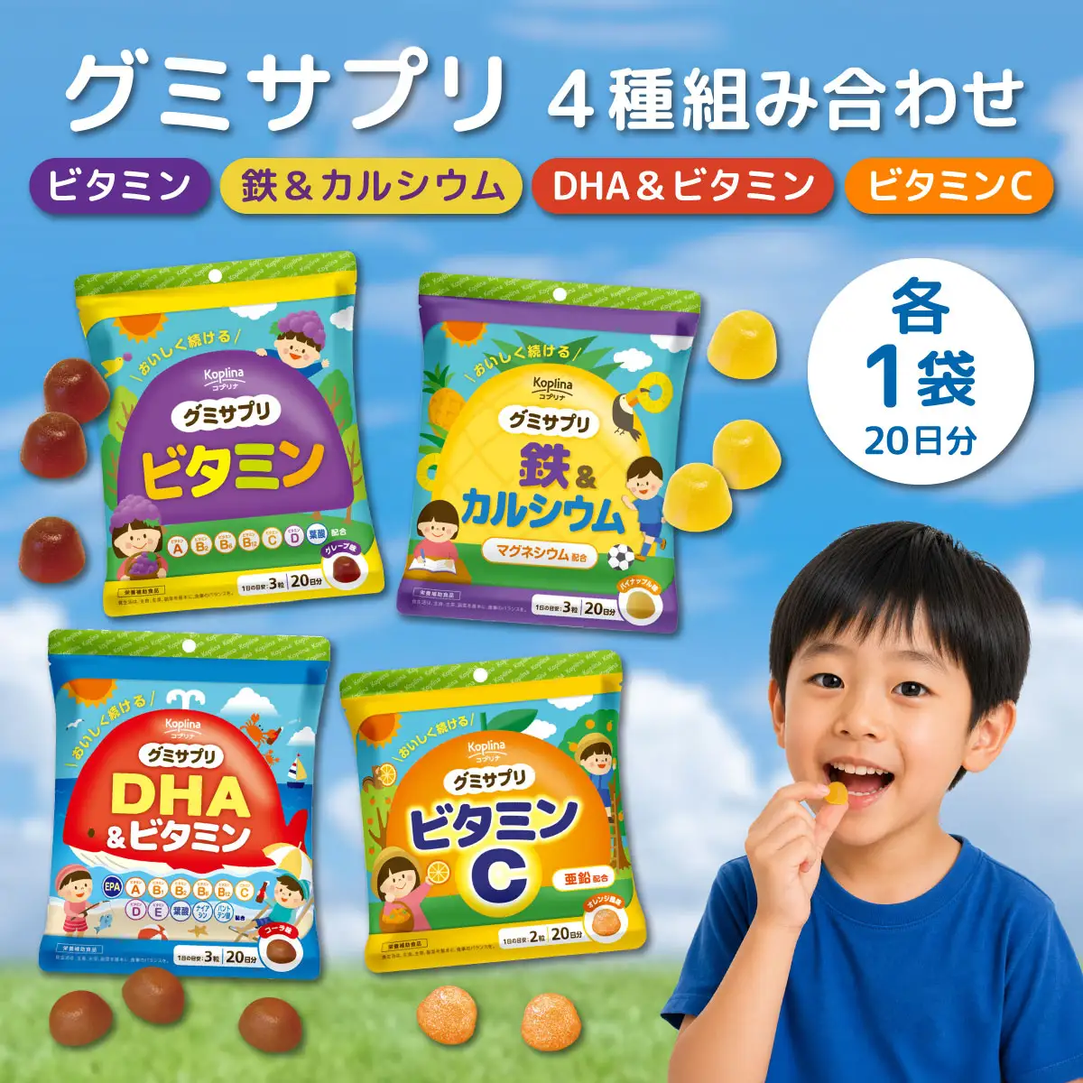 グミサプリ 4種組み合わせ（ビタミン、鉄＆カルシウム、DHA＆ビタミン、ビタミンC各1袋）