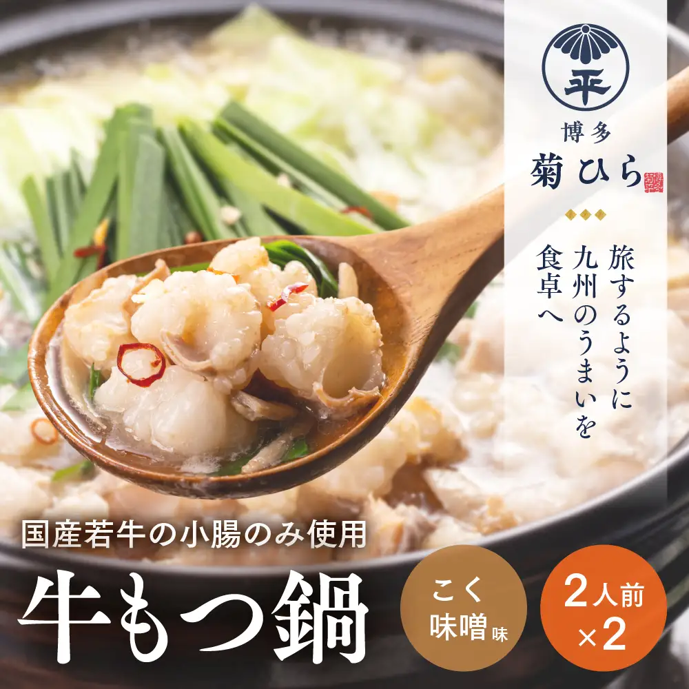 博多菊ひら 厳選国産若牛 もつ鍋セット【こく味噌味2人前×2セット】【BS004】｜もつ鍋 鍋セット モツ もつ 篠栗町