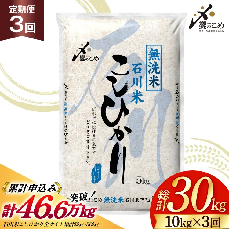 米 定期便 無洗米 石川米 こしひかり 10kg ( 5kg 2袋) 3回 総計30kg 令和8年産 新米