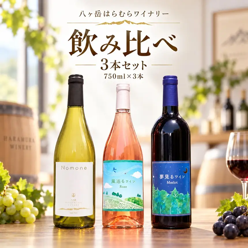 八ヶ岳はらむらワイナリー 飲み比べ 3本セット Ⅱ （Nomoneと風巡るワインRoseと夢見るワインMerlot）