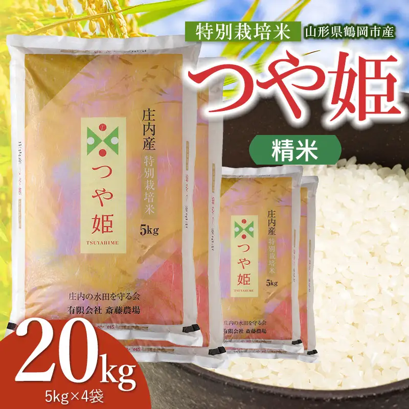 【令和8年産 新米】 特別栽培米 つや姫 精米 20kg（5kg×4袋） 山形県鶴岡市 K-8165 斎藤農場