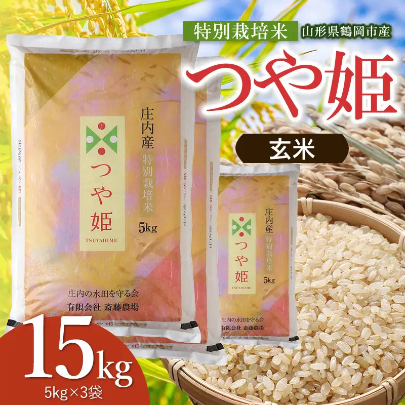 【令和8年産 新米】 特別栽培米 つや姫 玄米 15kg（5kg×3袋） 山形県鶴岡市 K-8111 斎藤農場