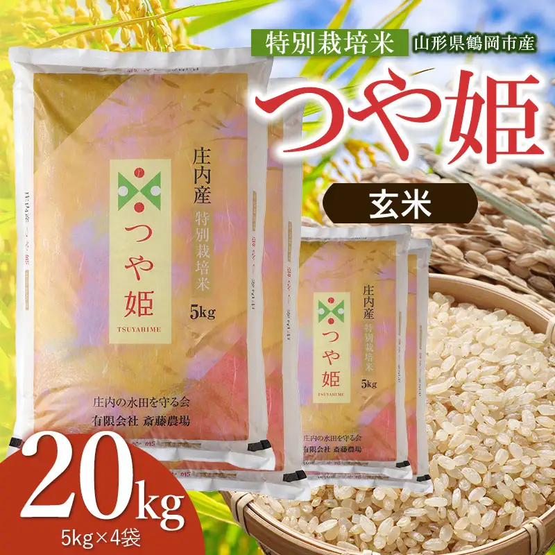 【令和8年産 新米】特別栽培米 つや姫 玄米 20kg（5kg×4袋） 山形県鶴岡市 K-8150 斎藤農場