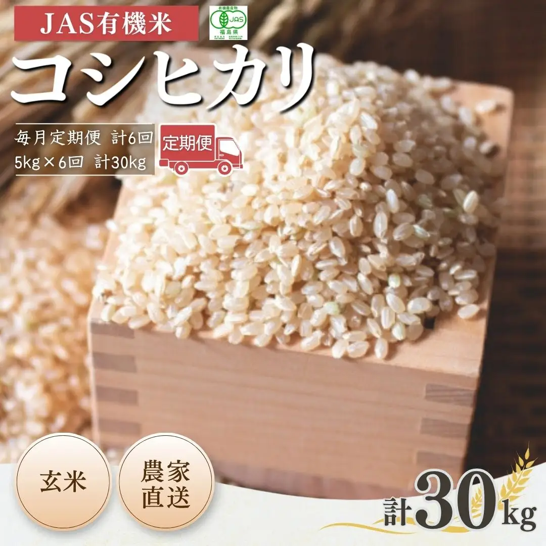 【先行予約】玄米 定期便 JAS有機 コシヒカリ 30キロ (5kg×6回) 令和8年産 | 定期便 農薬不使用 根本有機農園