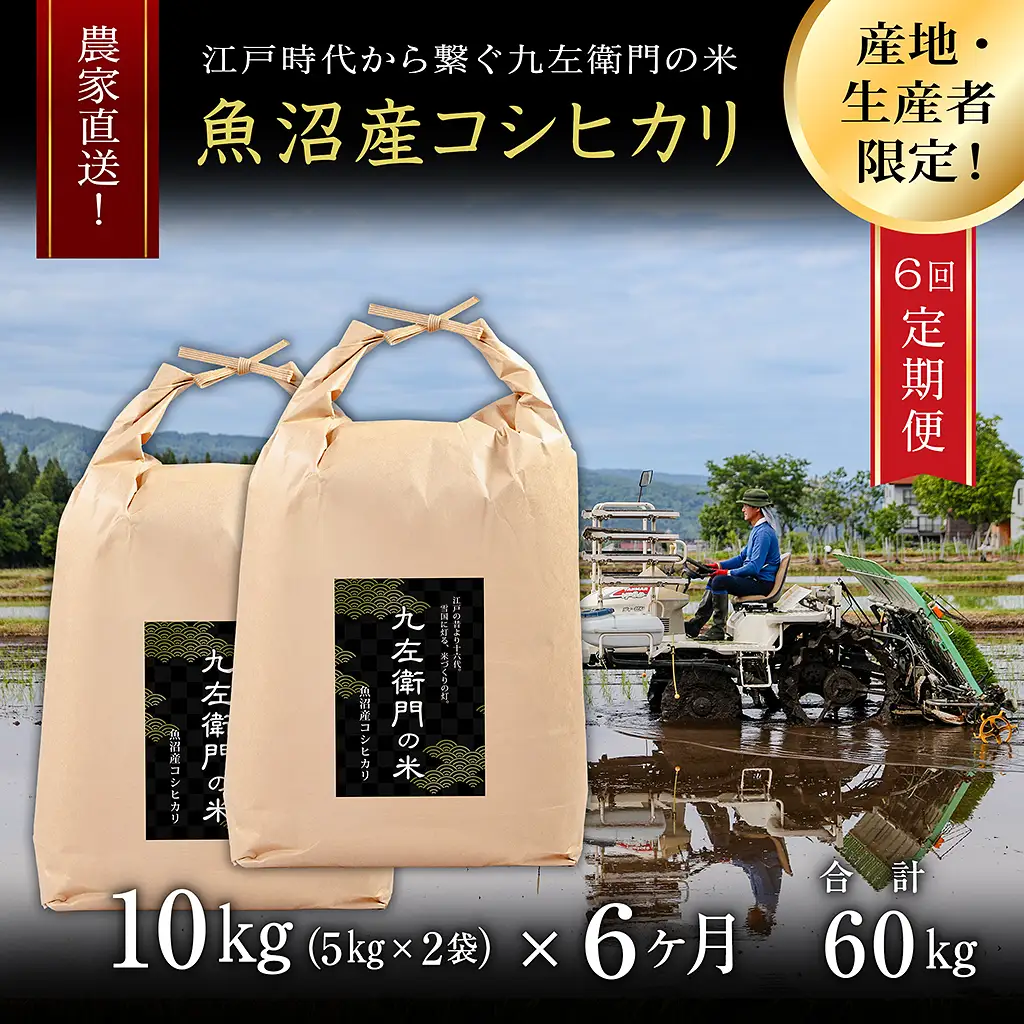 【令和8年産】【6ヶ月定期便】魚沼産コシヒカリ 九左衛門の米 10kg（5kg×2袋） |津南町 魚沼産 コシヒカリ