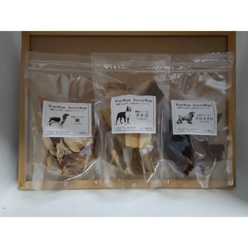 魚屋さんが新鮮なお魚で作った犬のおやつ(ごちそうセット)・鯛ジャーキー：1袋 (50g) ・アナゴジャーキー：1袋 (50g) ・クロマグロジャーキー：1袋 (50g)【鳥取県境港市】