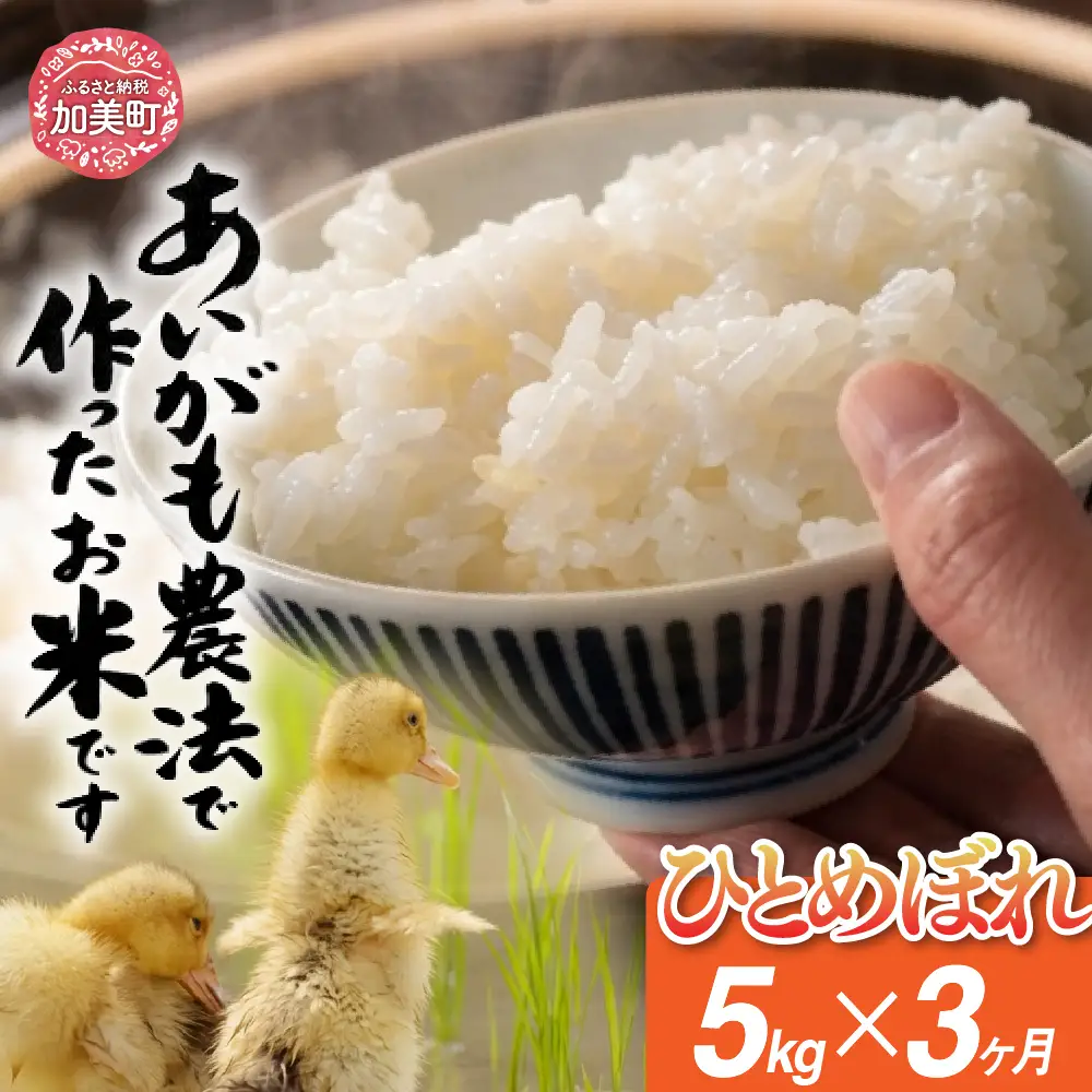 特別栽培米 あいがも農法でつくったひとめぼれ5kg×3回 ひとめぼれ