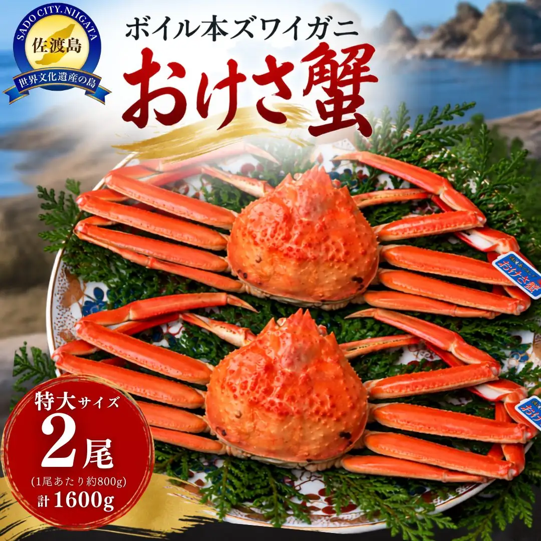 ボイル本ズワイガニ「おけさ蟹」特大サイズ 2尾（1尾あたり約800g） 約1600g 