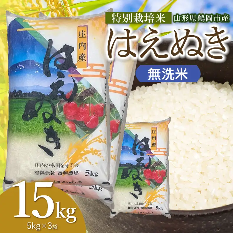 【令和8年産 新米】 特別栽培米 はえぬき 無洗米 15kg（5kg×3袋） 山形県鶴岡市 K-8111 斎藤農場