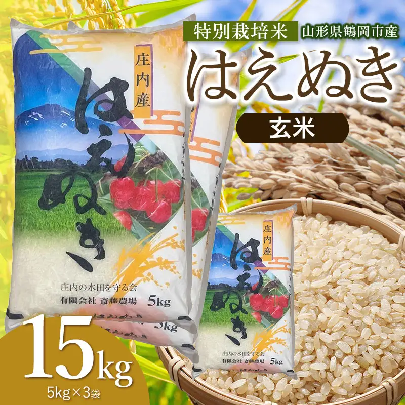 【令和8年産 新米】 特別栽培米 はえぬき 玄米 15kg（5kg×3袋） 山形県鶴岡市 K-8102 斎藤農場
