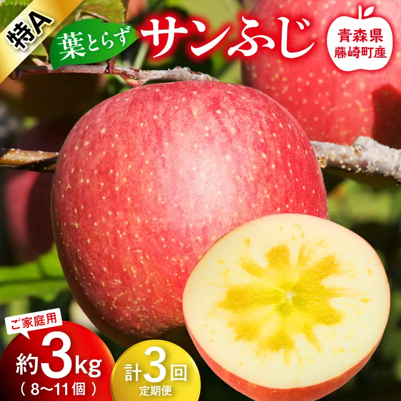 【先行予約】 ≪定期便≫ 皮ごとバリッ!葉とらずサンふじ 特A ご家庭用 約3kg 合計3回 【グランドアップル】 F41-0174