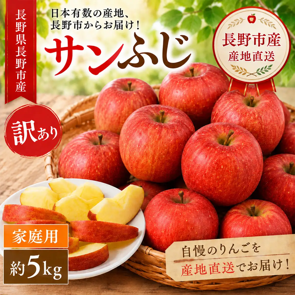 【2026年先行予約】長野市産 サンふじ 訳あり りんご 5kg｜信州りんごの名産地からお届け｜家庭用・不揃い・傷ありでも甘さ抜群｜信州りんごの本場からお届け｜家庭用・規格外｜【2026年12月から発送予定】