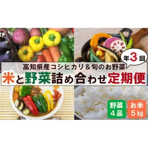 新米 野菜 3回 定期便 コシヒカリ 5kg 野菜 4品 セット ｜ （ きゅうり なす パプリカ ピーマン れんこん ミックスリーフ たけのこ オクラ かぼちゃ ブロッコリー アスパラガス ニラ  にんじん 人参 トマト 玉ねぎ タマネギ 新鮮 野菜 ベジタブル 旬 米 お米 白米 精米 コシヒカリ 高知 高知県産 高知県 定期便 須崎市 須崎 ） NPO1000-x