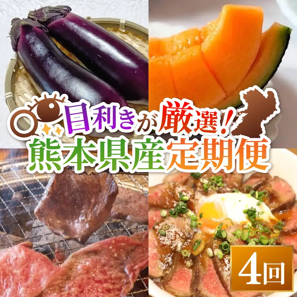 [ 定期月指定4回 ] 目利きが厳選 ほんなこつ うまか定期便 ナス メロン あか牛 野菜 果物 フルーツ 牛肉 お肉 ロース カルビ モモ肉 牛丼 焼肉 果実 果汁 果肉 詰め合わせ 食べ比べ おかず おつまみ 定期配送