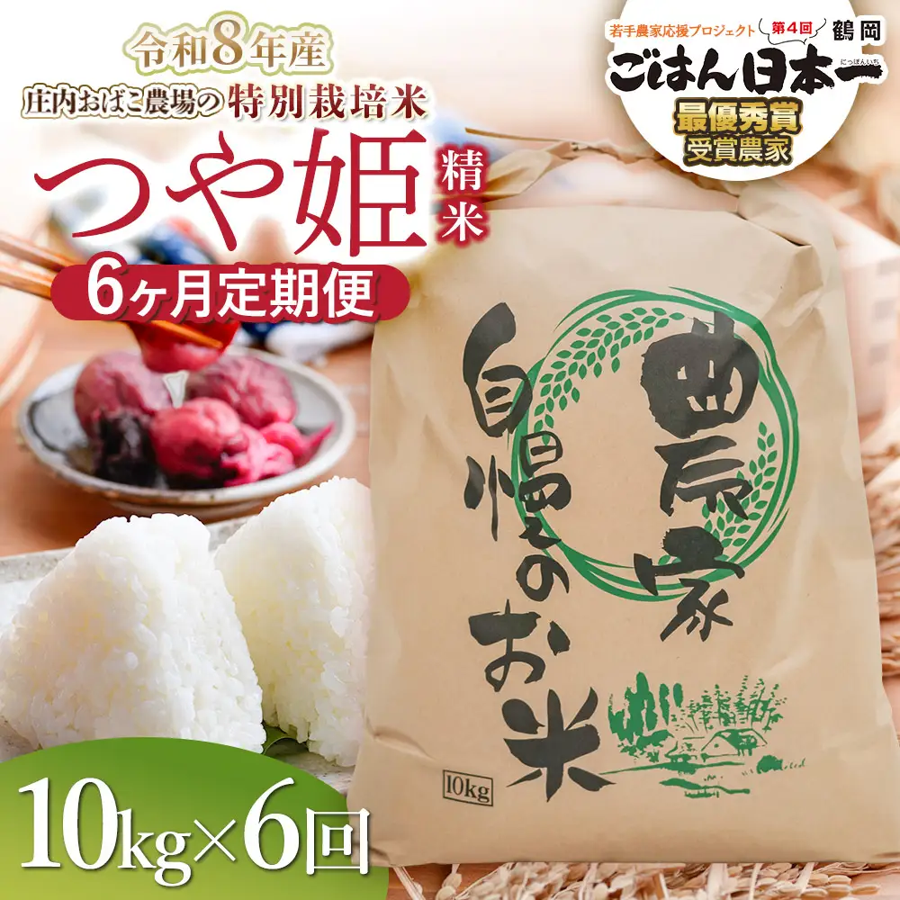【令和8年産 新米】【定期便6ヵ月】特別栽培米 つや姫 精米 10kg(10kg×1袋) 山形県鶴岡市 庄内おばこ農場 K-884