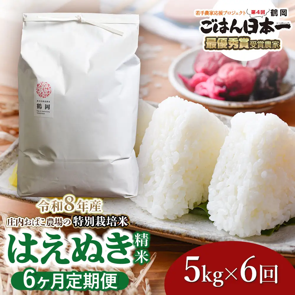 【令和8年産 新米】【定期便6ヵ月】特別栽培米 はえぬき 精米 5kg(5kg×1袋) 山形県鶴岡市 庄内おばこ農場 K-837
