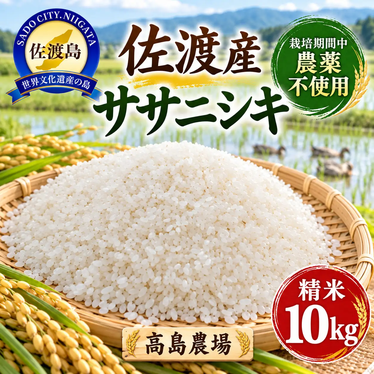 米 精米10kg 高島農場 農薬不使用 | ササニシキ 新潟県 佐渡市