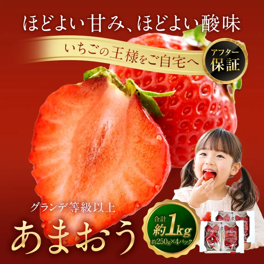 あまおう （ グランデ等級以上 ） 約250  × 4P 計約1,000 ～ 1,080g いちご イチゴ 苺 果物 くだもの フルーツ 果実 果肉 いちごの王様 国産 福岡県産 冷蔵 【 2027年2月上旬～4月下旬発送予定 】