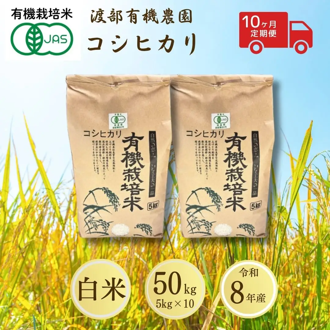 【先行予約】【定期便】コシヒカリ 白米 50kg ( 5kg ×10月) JAS有機米 令和8年産 | 50キロ 渡部有機農園 福島産コシヒカリ
