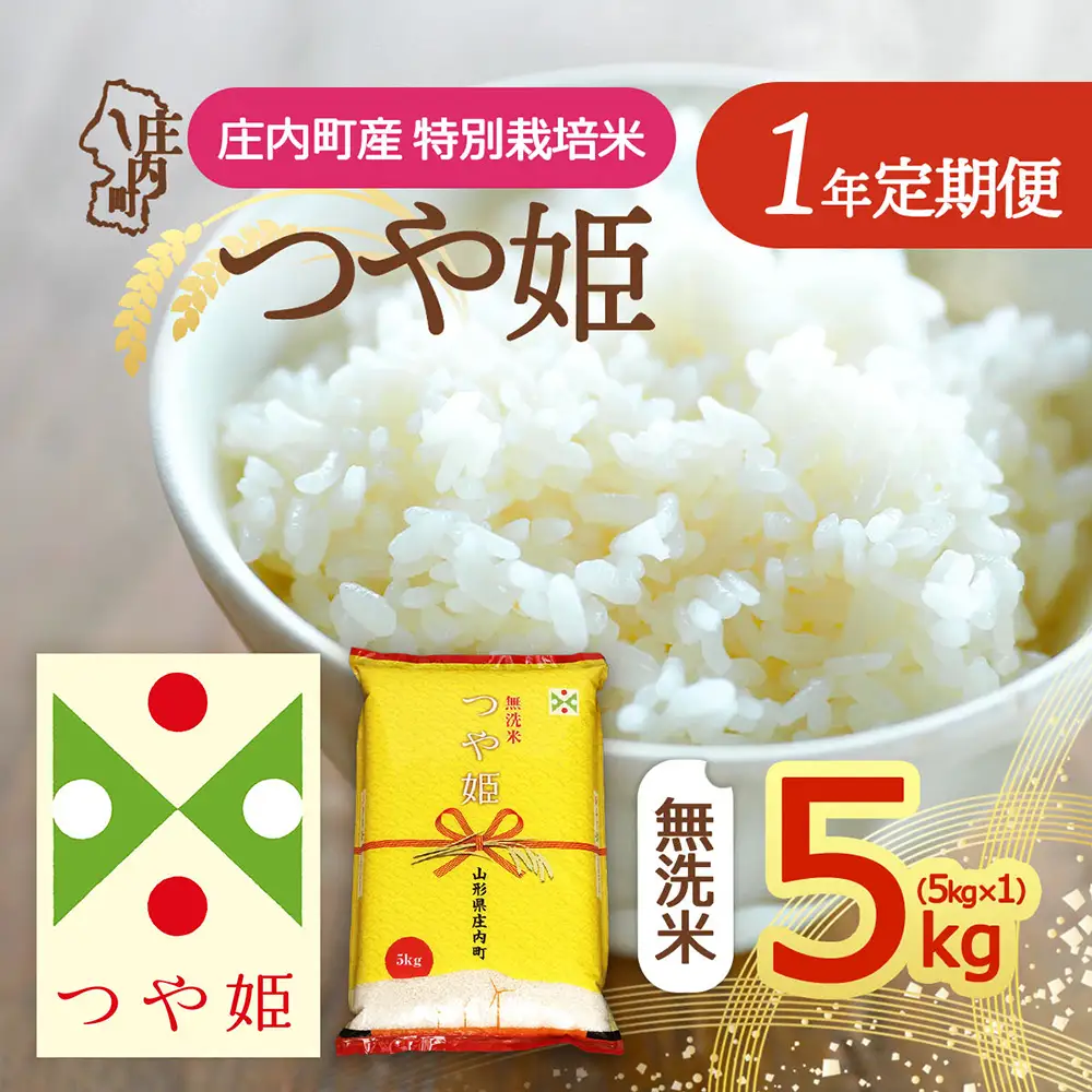 【定期便】＜令和8年産/9年産＞つや姫 無洗米 5kg×1年間 毎月お届け 特別栽培米 山形県庄内町産 庄内米 ブランド米 米 コシヒカリの原点、亀の尾発祥の地 お米の定期便 ごはん 粘り 甘み 香り 粒が大きい【11月下旬発送】
