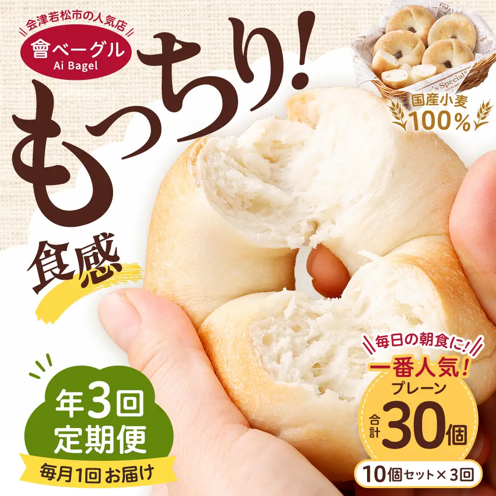 【 年3回定期便1ヶ月毎 】 毎日の朝食に！会津発 ・ 職人手作りのもっちりプレーンベーグル10個セット ベーグル 手作り パン ベーグル専門店 食品添加物不使用 冷凍ストック ストック