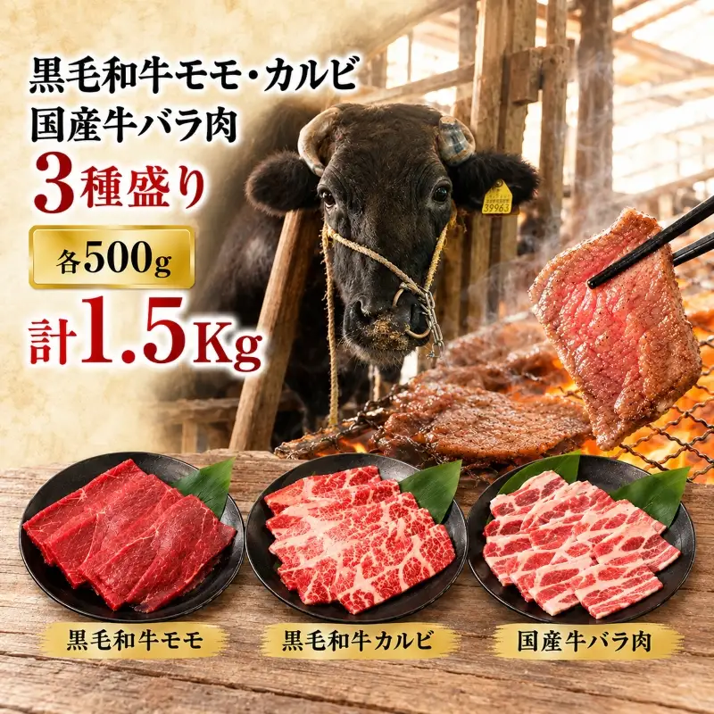 黒毛和牛国産牛焼肉セット（黒毛和牛モモ500g カルビ500g 国産牛バラ500g）合計1.5kg 焼肉 BBQ バーベキュー 牛肉 和牛 大容量 愛媛県 愛南町 大西牧場