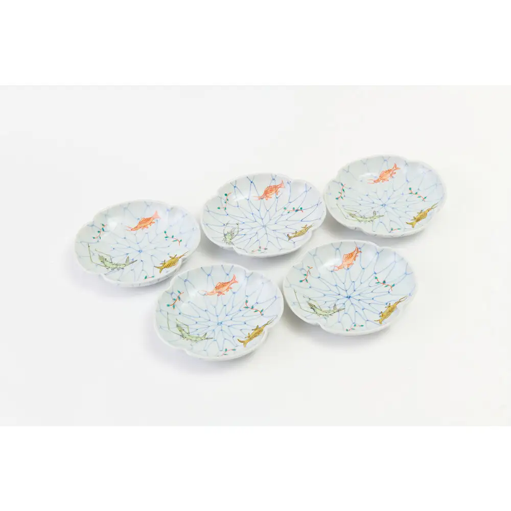 5寸モッコ型皿揃　網魚文（5枚組）