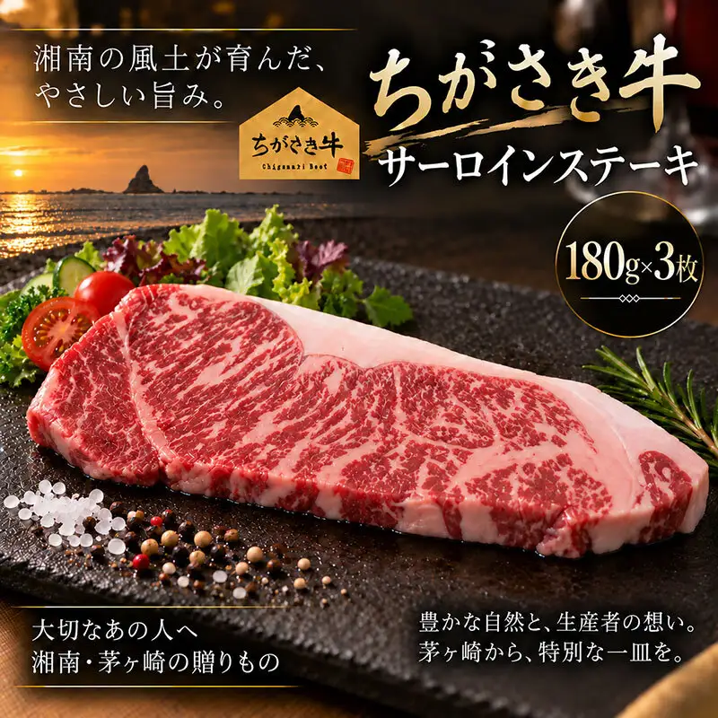 ちがさき牛 サーロインステーキ 約180g×3枚（計約540g）ステーキ 牛肉 和牛 ブランド牛 ステーキ肉 赤身 ヘルシー さっぱり 脂が少ない 霜降り お肉 肉 国産 冷凍  贈答 ギフト 国産牛肉 冷凍 湘南 齋藤牧場 神奈川県 茅ヶ崎市