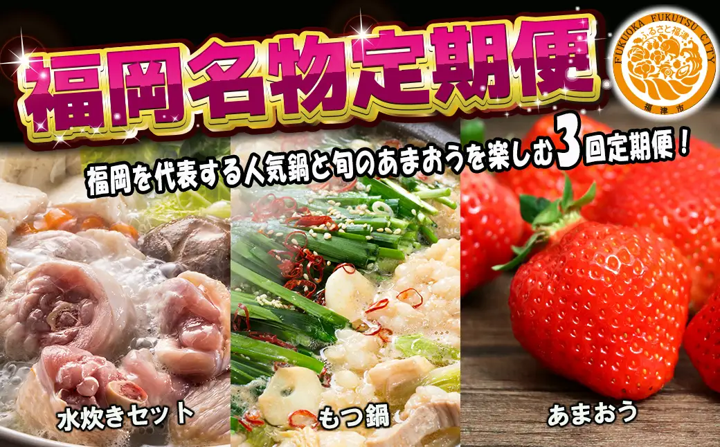 【3回届く！（水炊き・もつ鍋・あまおう）】福岡名物定期便★福岡を代表する人気鍋とあまおうを楽しむ3回定期便[H7044]