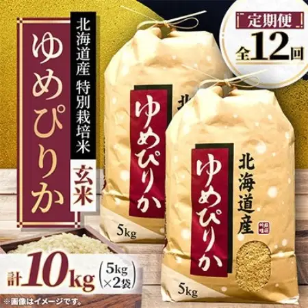 【毎月定期便】特別栽培米 北海道産 ゆめぴりか10kg(5kg×2袋) 玄米 特A 全12回【4093884】