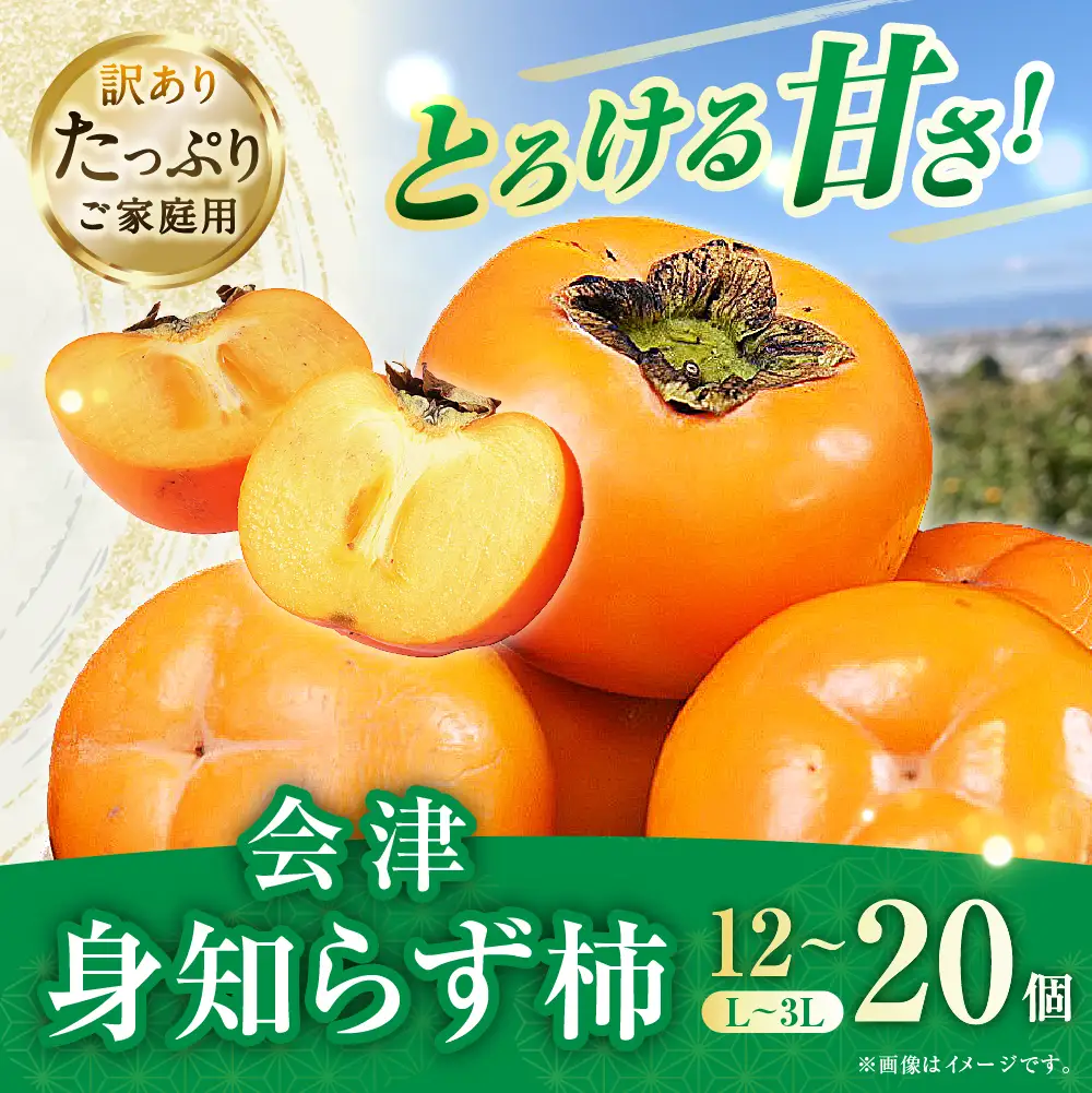【 訳あり 】 とろける甘さ！ 会津身知らず柿 L～3L 12個～20個 たっぷりご家庭用 柿 果物 フルーツ デザート 大玉 渋抜き 甘み 滑らか 果汁 とろとろ 【 2026年11月下旬から12月上旬発送予定 】