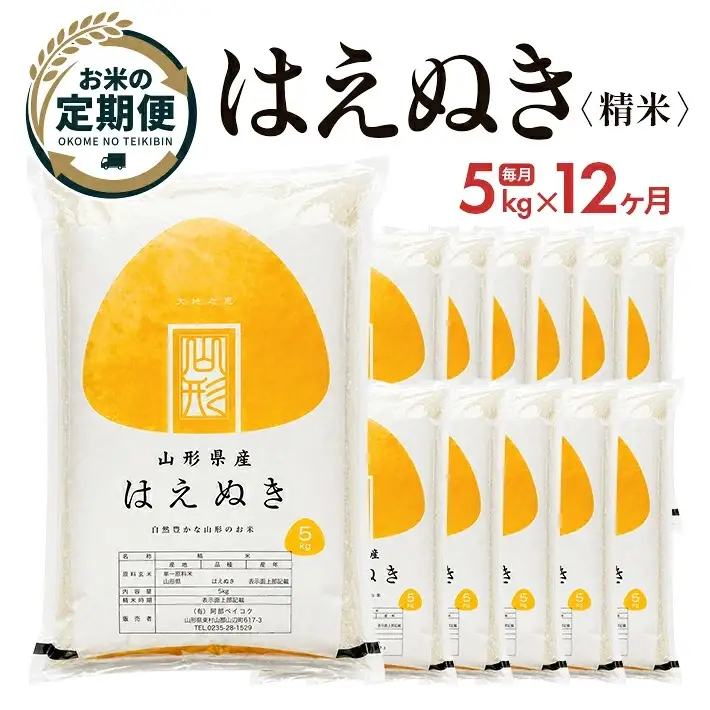 (2月～1月) ≪12ヶ月定期便≫ はえぬき 精米 5kg×12ヶ月連続 計60kg 山形県産 毎月中旬にお届け 東北 山形県 遊佐町 庄内地方 白米 [1772T02]