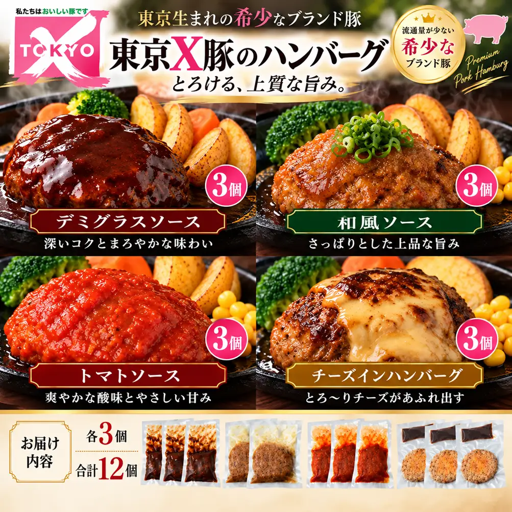 【トウキョウX】豚のハンバーグ 12個（120g 4種×各3個） 冷凍 ハンバーグ 東京都 青梅市