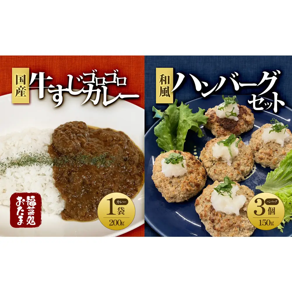 【福菜処おたま】国産牛すじゴロゴロカレーと和風ハンバーグ セット （カレー 200g×1袋、ハンバーグ 150g×3個）