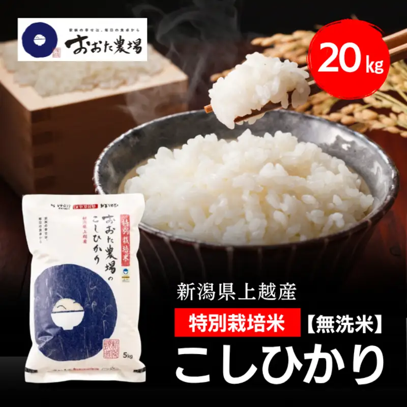 令和8年産 新潟県上越産 特別栽培米 コシヒカリ 20kg 20キロ（5kg×4） 【無洗米】 従来品種 こしひかり 新米 おおた農場 上越市