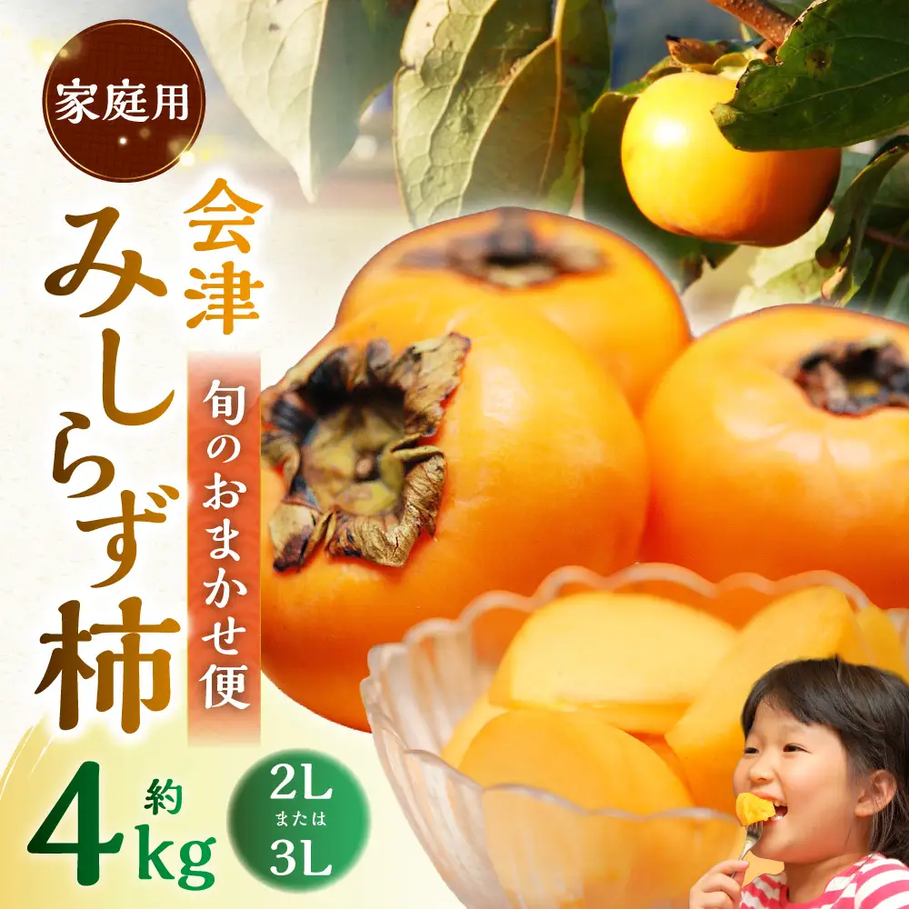 会津みしらず柿 旬のおまかせ便 （ 2Lまたは3L ） 約4kg 家庭用 果物 フルーツ 果実 果肉 果汁 国産 福島県産 【 2026年11月上旬から12月上旬発送予定 】