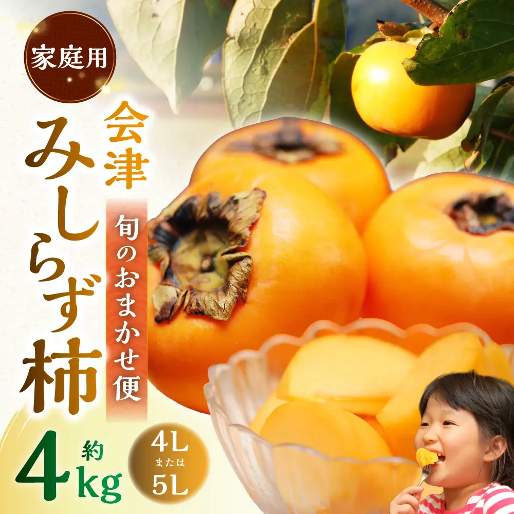 会津みしらず柿 旬のおまかせ便 （ 4Lまたは5L ） 約4kg 家庭用 果物 フルーツ 果実 果肉 果汁 国産 福島県産 【 2026年11月上旬から12月上旬発送予定 】