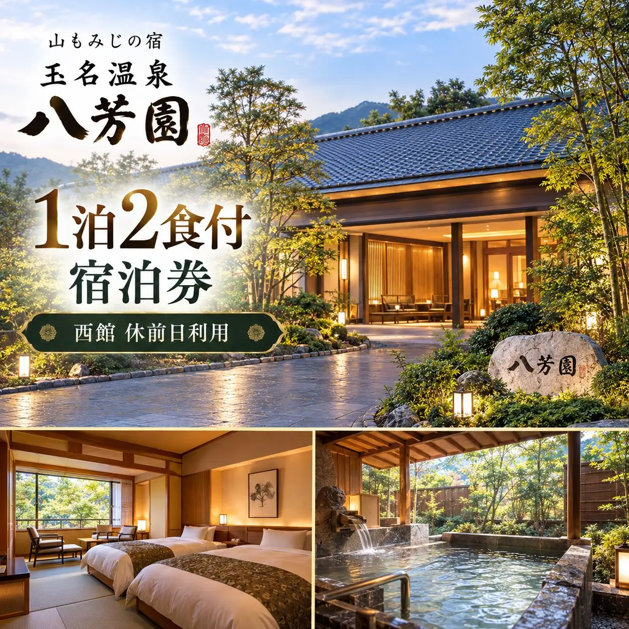 山もみじの宿 玉名温泉 八芳園 1泊２食付 ２名様分 宿泊券 / 西館 休前日利用（年末年始除く）