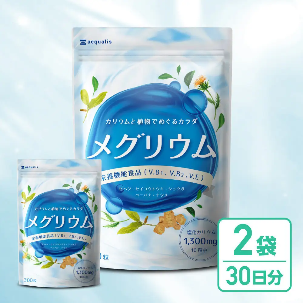 カリウム サプリメント メグリウム ヒハツ ショウガ 栄養機能食品 ビタミンB1 ビタミンB6 ビタミンE 2袋