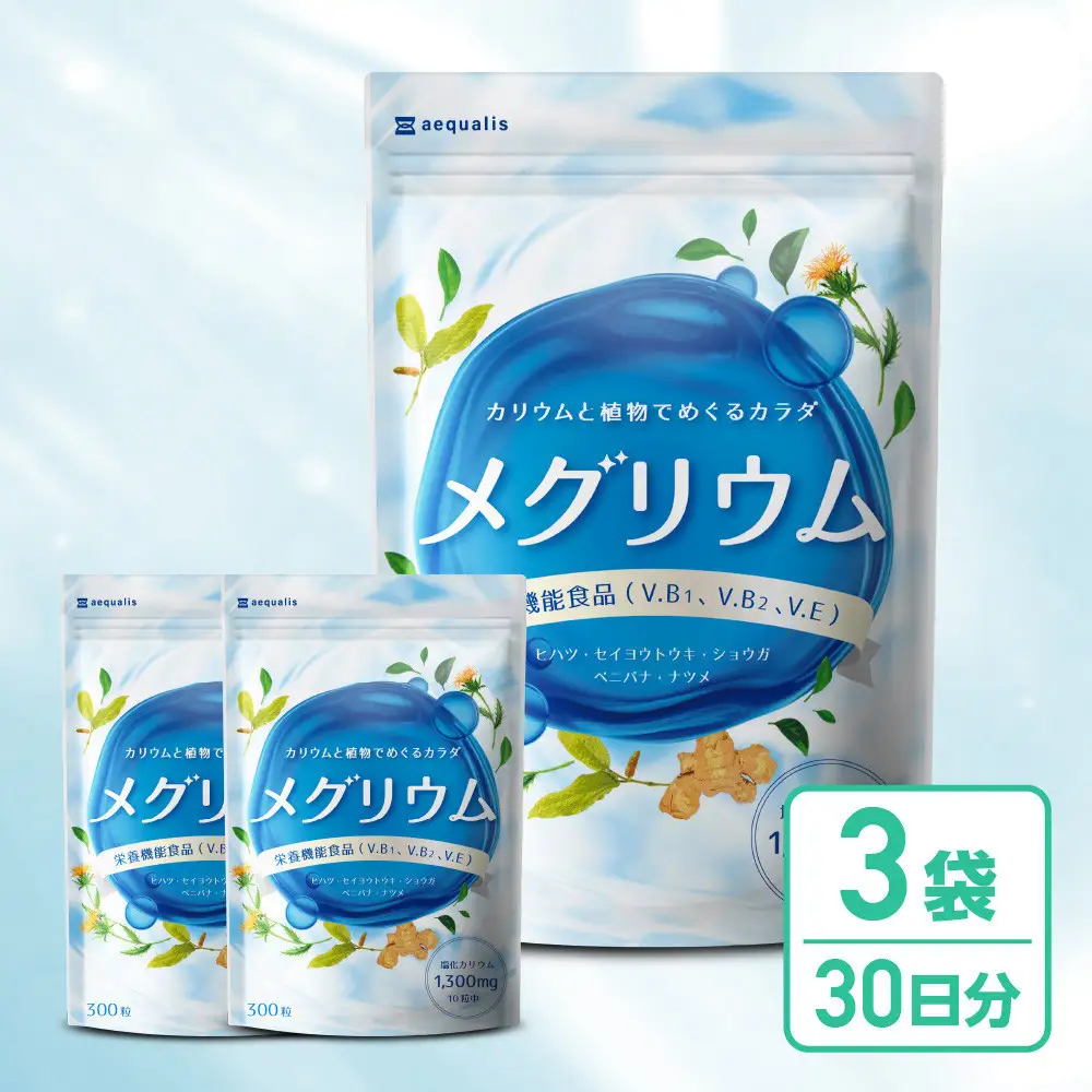 カリウム サプリメント メグリウム ヒハツ ショウガ 栄養機能食品 ビタミンB1 ビタミンB6 ビタミンE 3袋