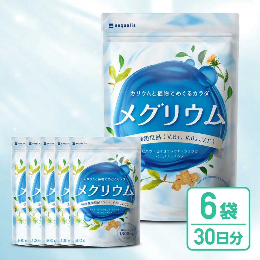 カリウム サプリメント メグリウム ヒハツ ショウガ 栄養機能食品 ビタミンB1 ビタミンB6 ビタミンE 6袋