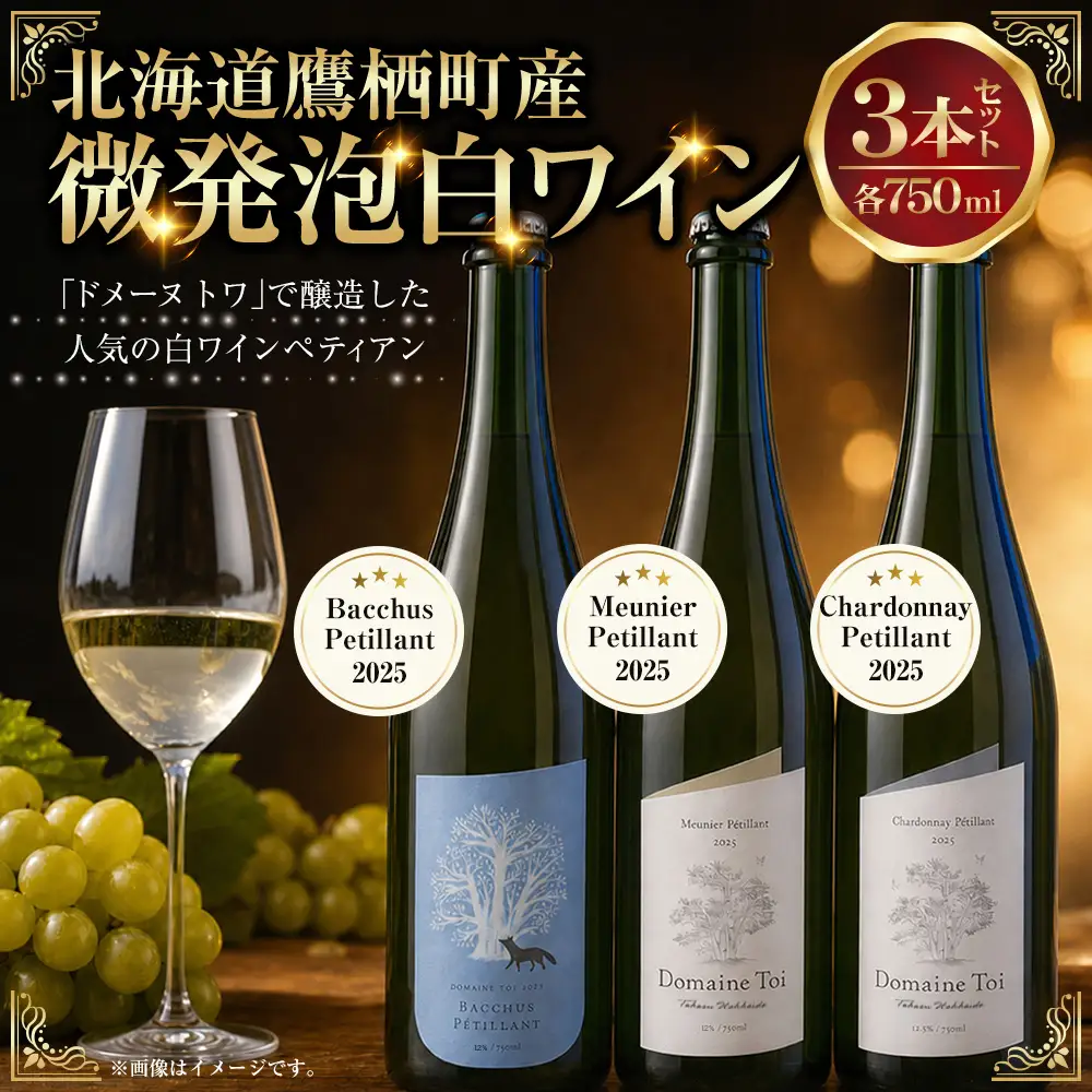微発泡白ワイン3本セット Bacchus Petillant 2025（バッカス ペティアン 2025）750ml×1本、Meunier Petillant 2025 （ムニエ ペティアン 2025）750ml×1本、Chardonnay Petillant 2025（シャルドネ ペティアン 2025）750ml×1本 【 2026年10月上旬 ～ 2027年1月上旬頃迄発送 】