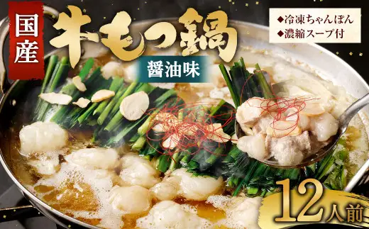 【2026年12月発送】国産牛 もつ鍋 12人前 ちゃんぽん 濃縮スープ付 （醤油味） 冷凍 国産 もつ もつ鍋セット