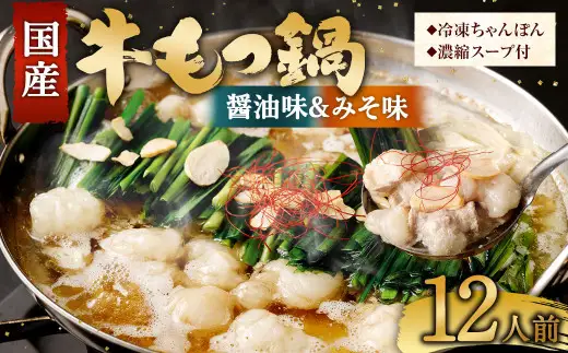 【2026年11月発送】国産牛 もつ鍋 12人前 ちゃんぽん 2つの味が楽しめる濃縮スープ付 （醤油味＆みそ味） 冷凍 国産 もつ もつ鍋セット