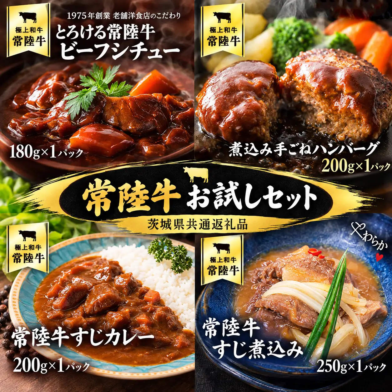 【茨城県共通返礼品】常陸牛アラカルトセット(とろける常陸牛ビーフシチュー・煮込み手ごねハンバーグ・常陸牛すじカレー・常陸牛すじ煮込み 各1パック)[AU142ya] 