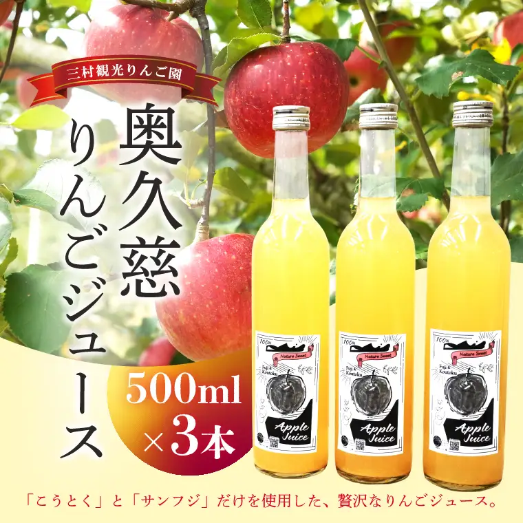 樹上完熟 奥久慈りんごジュース 500ml×3本セット【三村観光りんご園】｜茨城県 大子町 完熟 林檎 こうとく サンフジ ブレンド リンゴジュース アップルジュース 100％ ストレート 無添加 ギフト 飲料(BX014)
