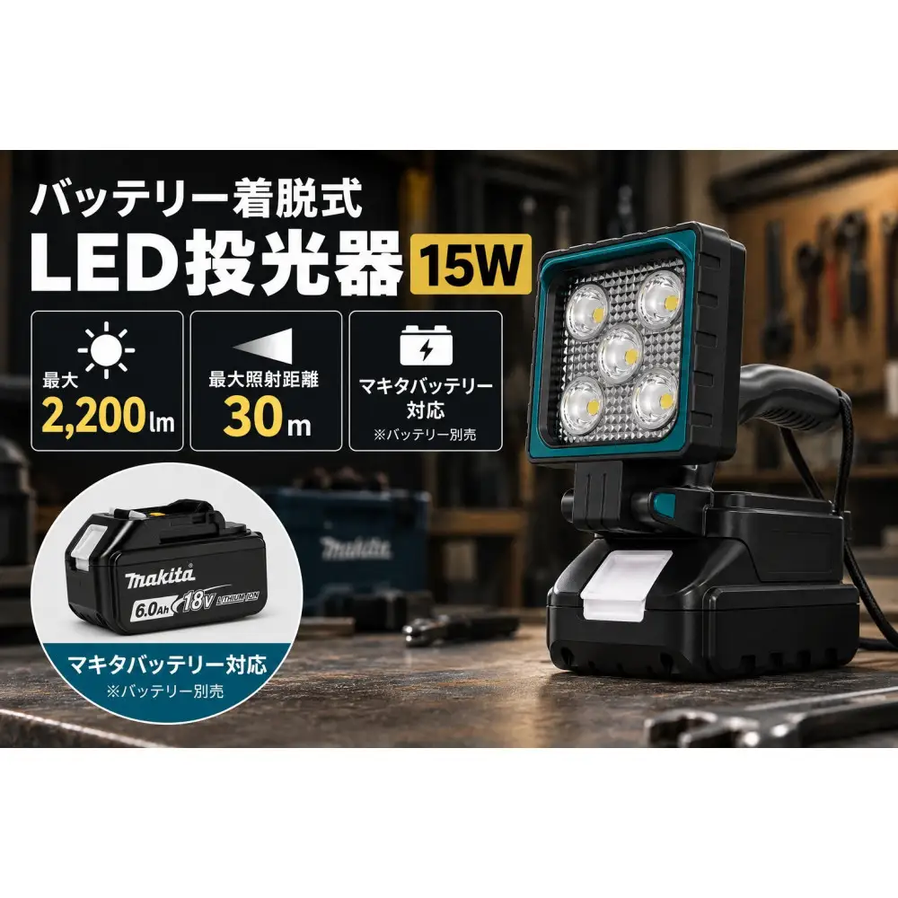 バッテリー着脱式LED投光器 15W「マッチングファイターV18 XS」YC-T01A