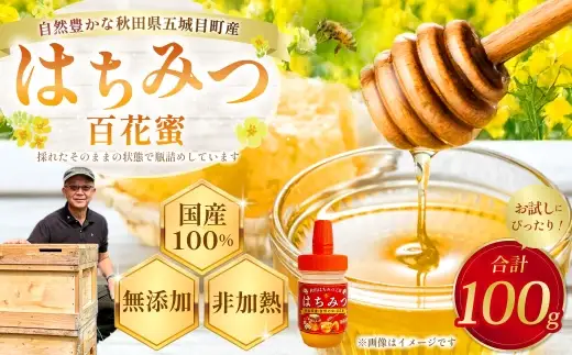 秋田県五城目町産 はちみつ ( 百花蜜 ) 100g × 1個 お試しサイズ 純粋はちみつ 非加熱 食品添加物不使用 国産 ハニー 【 2027年1月上旬まで発送予定 】