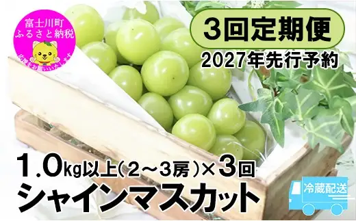 【2027年先行予約】【３回定期便】頬張る幸福感 ～緑の宝石・シャインマスカット～ 計３kg（1.0kg以上・2～3房を３回[9月上旬・中旬・下旬]お届け）※冷蔵発送※　シャイン シャインマスカット ぶどう 葡萄 ブドウ 定期便 ３回 果物 くだもの フルーツ 山梨 やまなし 富士川町 シャインだけ シャインマスカットだけ