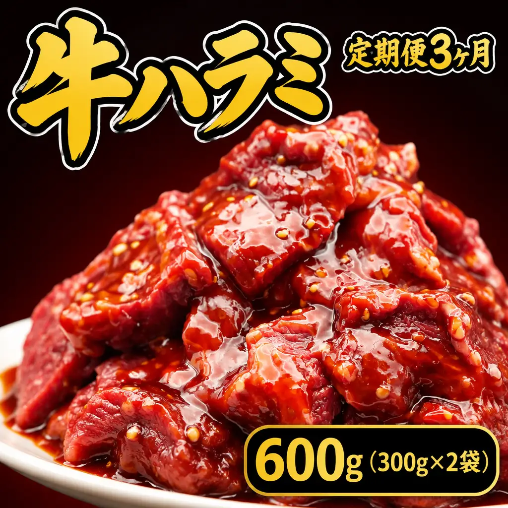 【定期便】牛ハラミ タレ漬け600g（300g×2袋）×3ヶ月 mok16